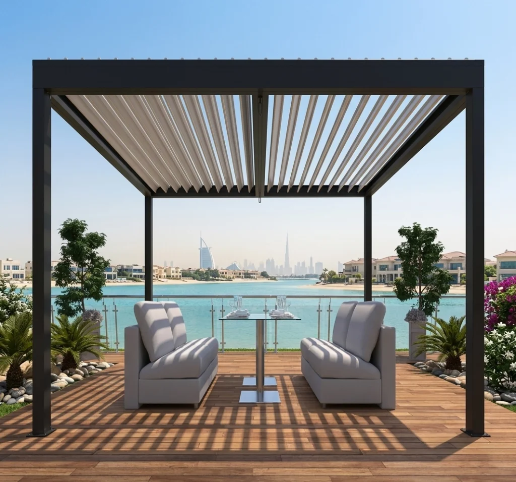 Automated aluminum louvered pergola for rooftop Dubai