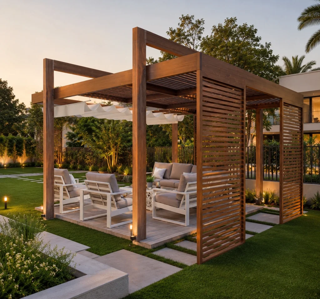 Contemporary wooden pergola designs Dubai