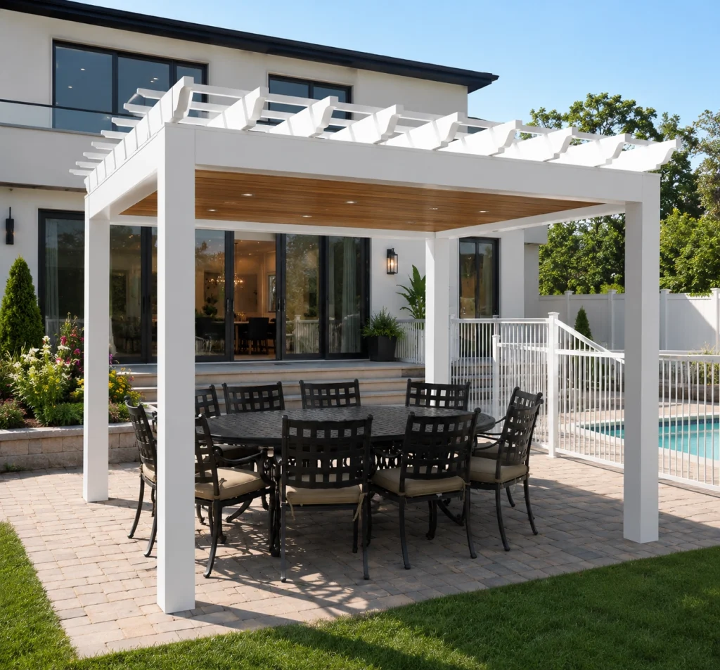 Contemporary wooden pergola designs for rooftop and gardens Dubai
