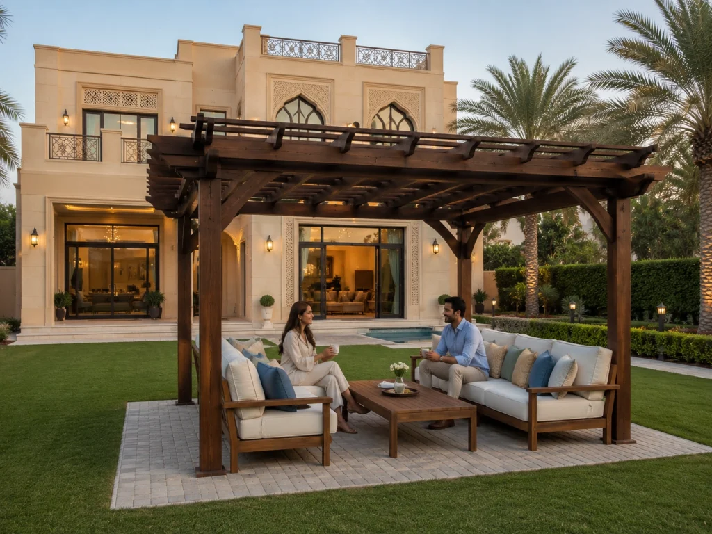 Premium wooden pergola installation in Dubai villa