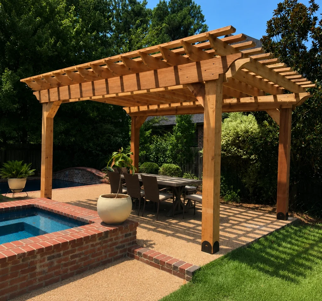 wooden Pergola in Dubai near swimming pool