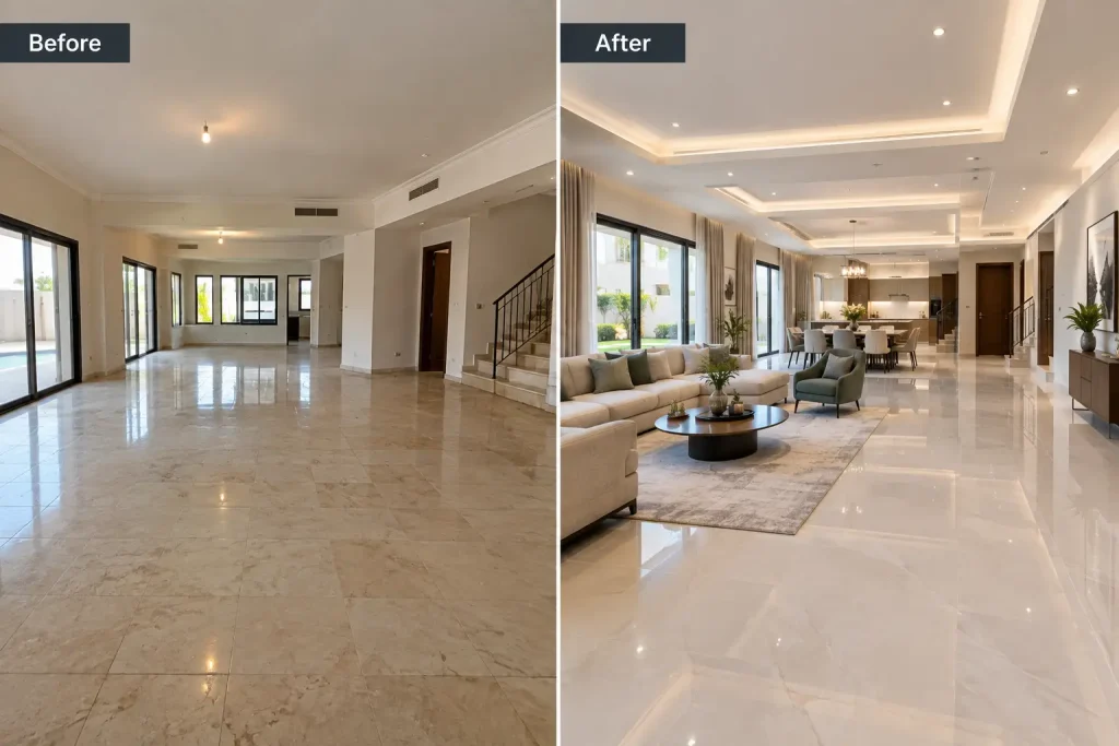 Before and-after style villa flooring renovation