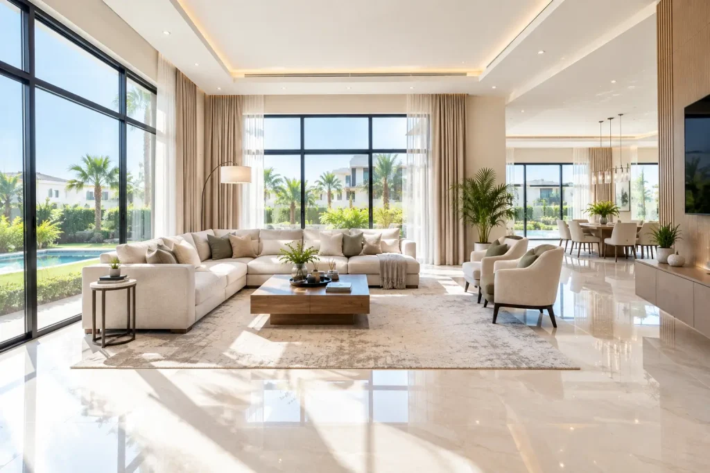 Bright villa interior with large aluminium and glass windows bringing in natural daylight