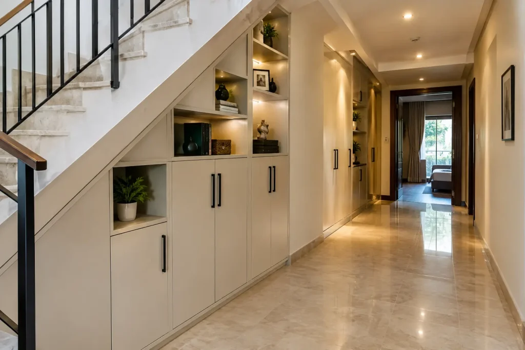 Built-in storage under stairs and along a villa corridor Villa renovation ideas in Dubai