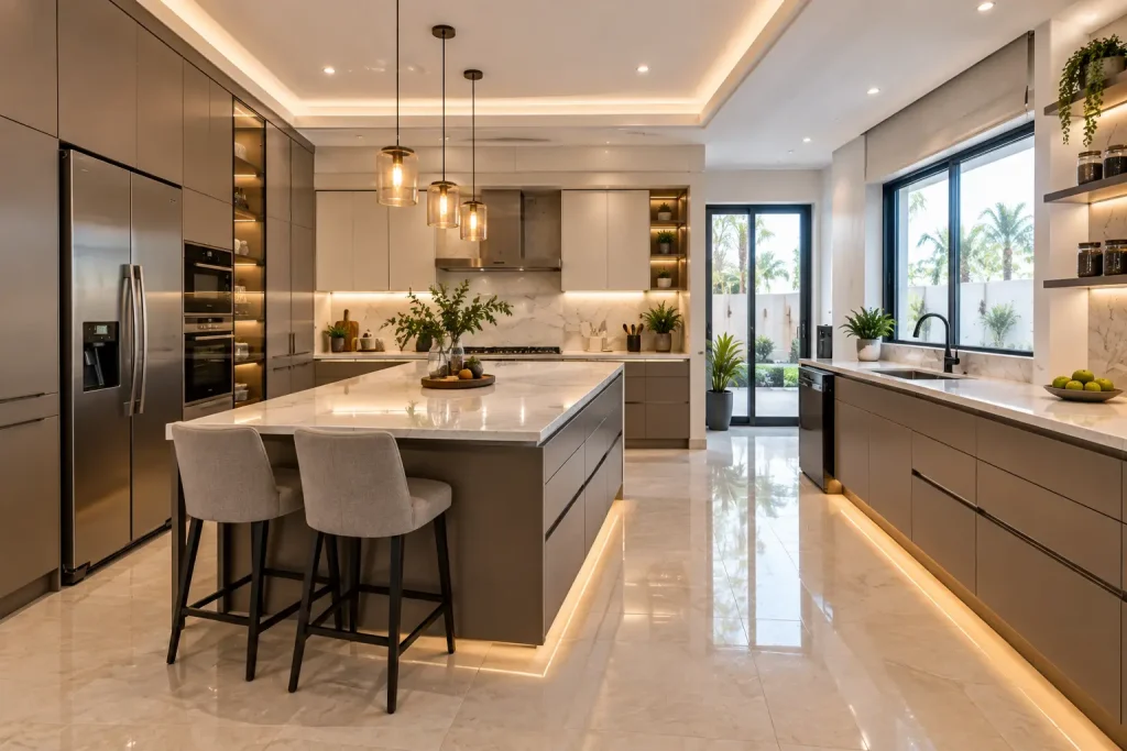 Custom villa kitchen with wall cabinets, island, drawers and modern storage.