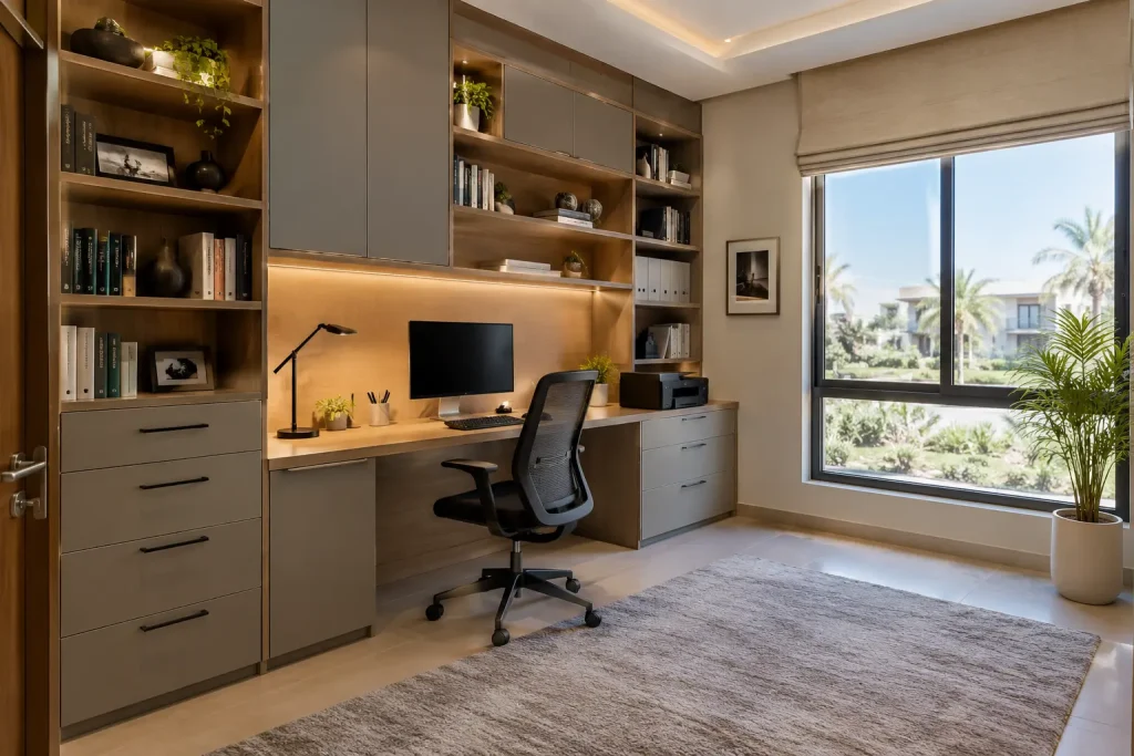 Custom villa renovation home office with built-in cabinets, desk and natural light