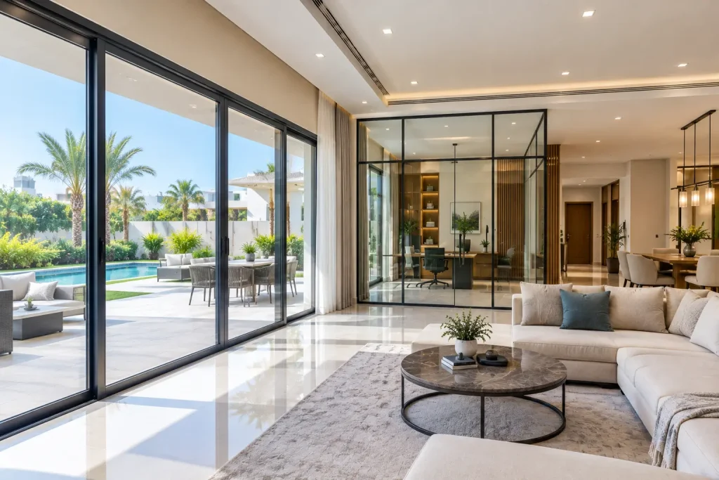 Dubai villa with large aluminium sliding doors and glass partition