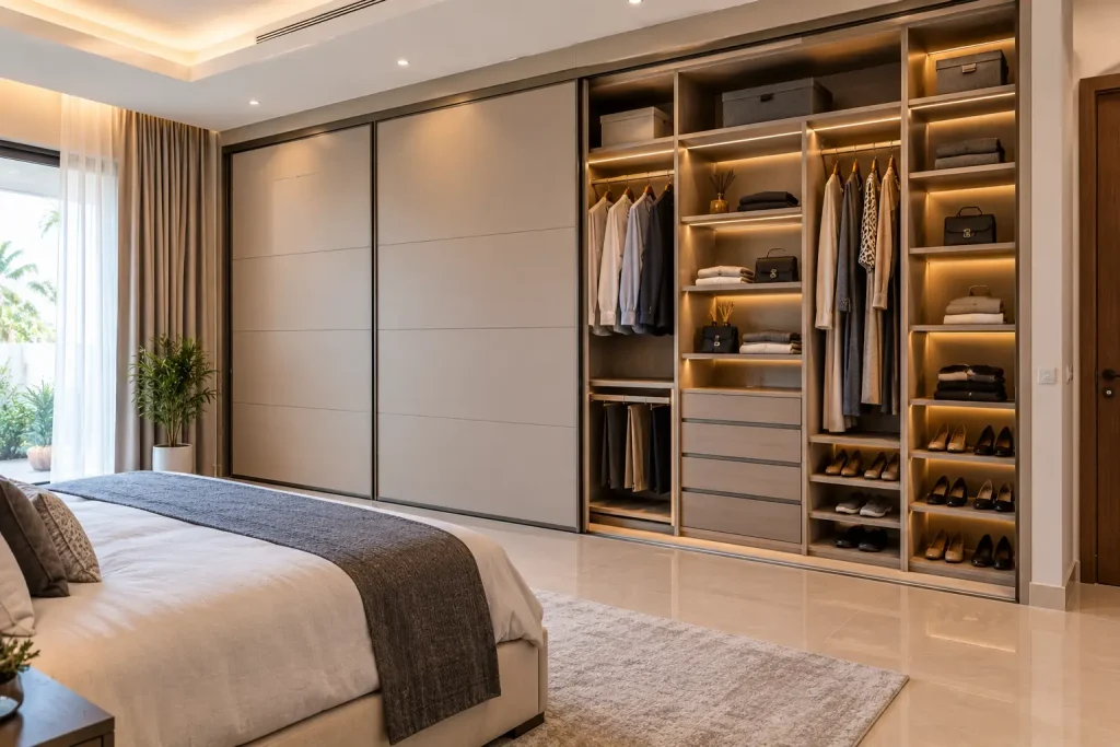 Full-height custom wardrobe with sliding doors and organized internal storage