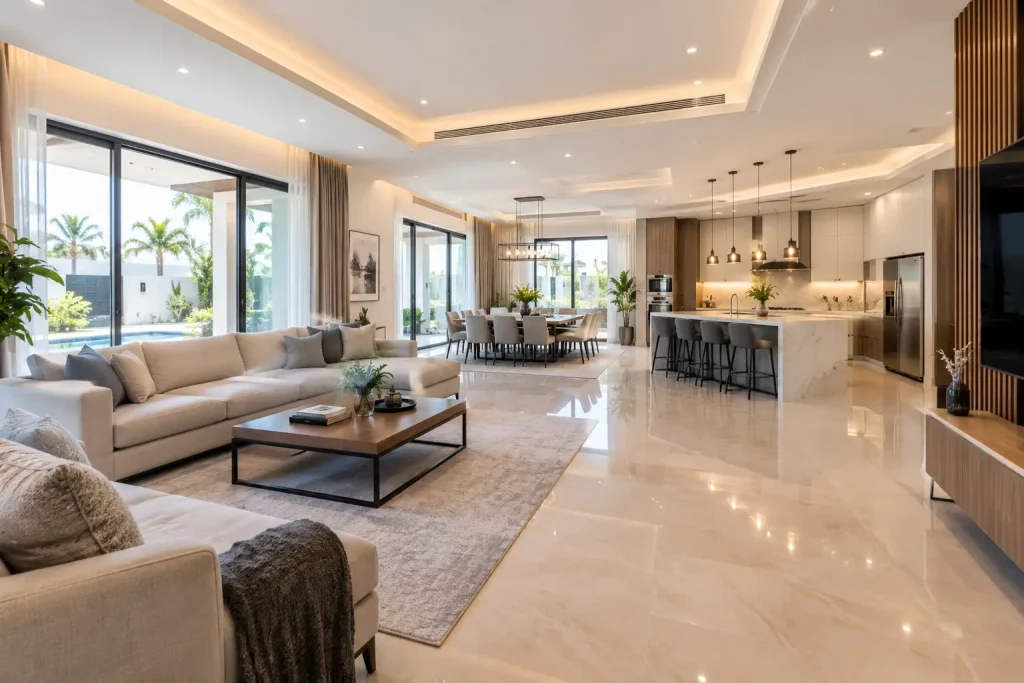 Open up plan Dubai villa living room renovation