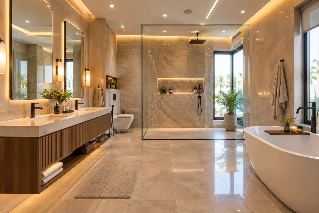 Renovated Dubai villa bathroom with walk-in shower