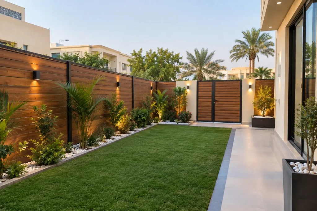 Villa garden with a new wooden boundary fence and matching gate for renovation