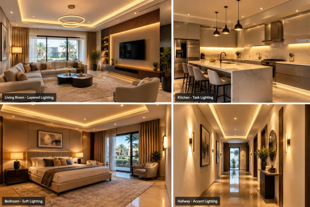 villa renovation in Dubai interior with layered ceiling lights, wall lights and warm bedroom lighting.