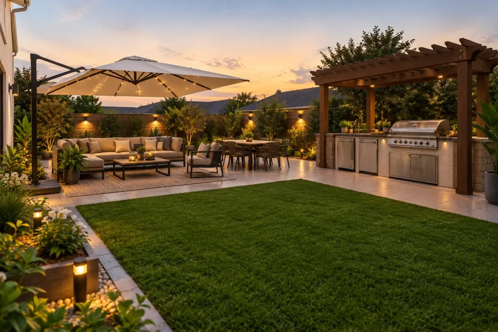 Backyard Landscaping outdoor seating, pergola, lawn, planters, and a small dining area