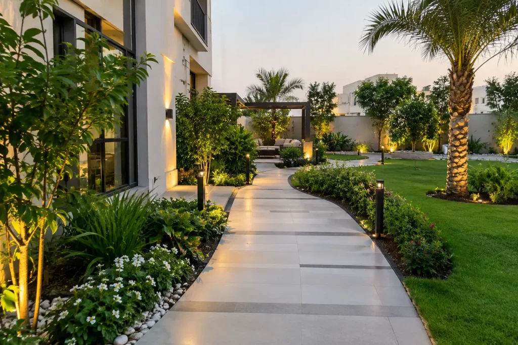 Design Attractive Garden Pathways surrounded by plants and greenery for landscaping in Dubai