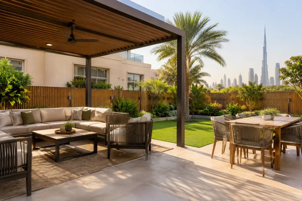 Dubai villa garden with Comfortable Outdoor Seating