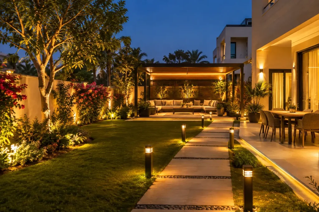 Garden Lighting for Landscape Dubai at night with pathway lights, tree lighting, and illuminated seating area.