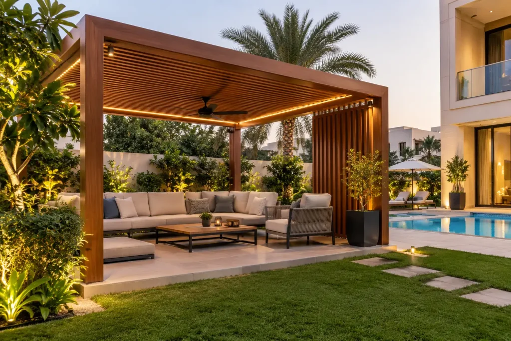 Pergola Shaded outdoor seating area landscape Dubai