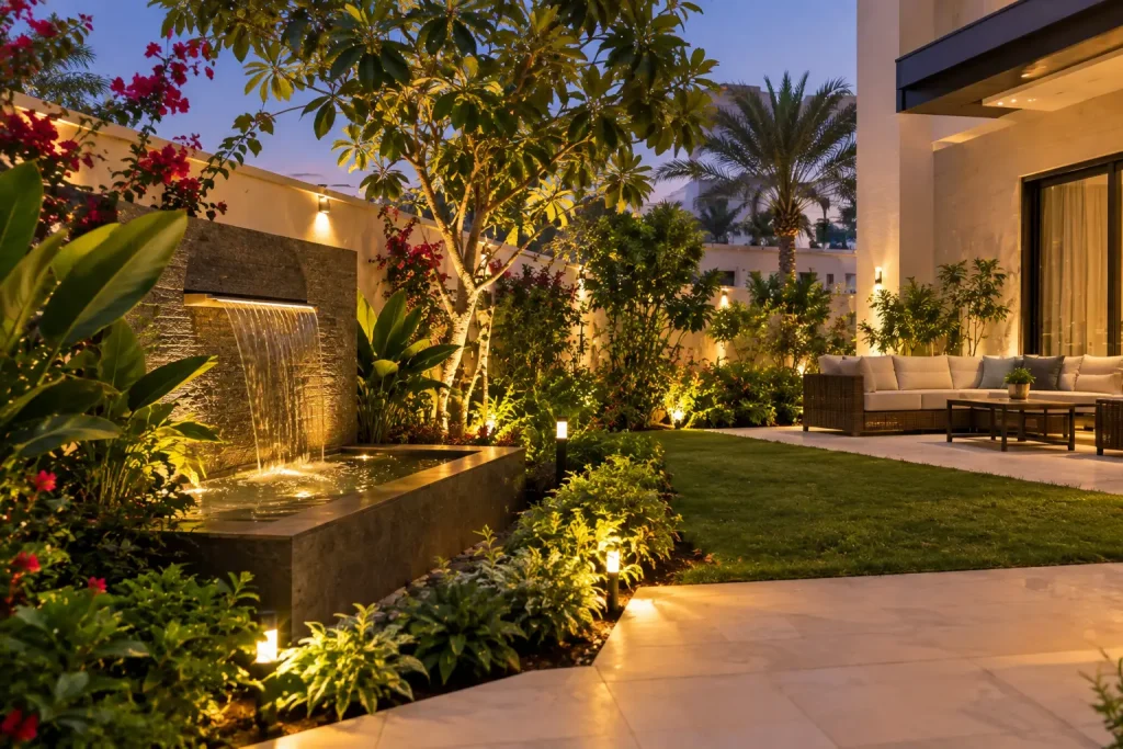 Small Water Feature garden with a small modern water feature surrounded by plants