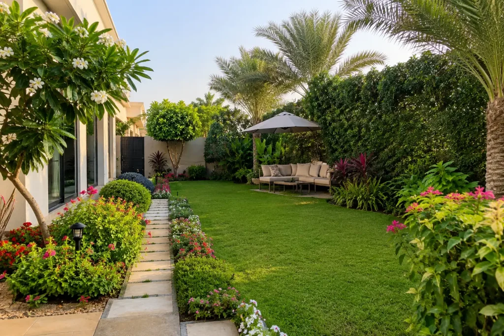 Villa garden with a mix of small plants, flowering plants, palms, and privacy greenery. Landscaping in Dubai